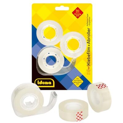 Idena 630079 33 m x 19 mm Lot de 3 avec 1 ruban adhésif dérouleur Idena 630079 33 m x 19 mm Lot de 3 avec 1 ruban adhésif dérouleur