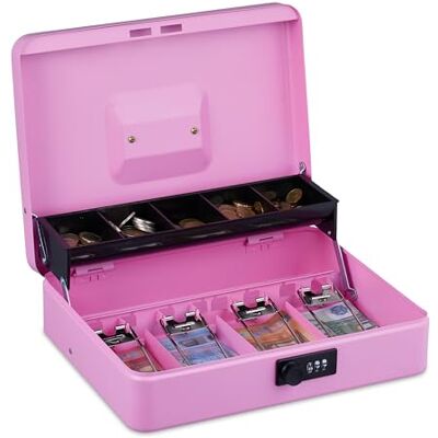 Relaxdays Caisse à monnaie, combinaison à 3 chiffres, insert pour pièces et 4 compartiments à billets, verrouillable, en fer, rose, 1 pièce Relaxdays Caisse à monnaie, combinaison à 3 chiffres, insert pour pièces et 4 compartiments à billets, verrouillable, en fer, rose, 1 pièce
