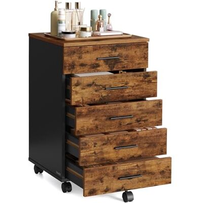 VASAGLE Caisson de Bureau à roulettes, Meuble de Rangement, Support pour Imprimante, avec 5 Tiroirs, Rails Coulissants, pour Bureau, Télétravail, Marron Rustique OFC081KD02 VASAGLE Caisson de Bureau à roulettes, Meuble de Rangement, Support pour Imprimante, avec 5 Tiroirs, Rails Coulissants, pour Bureau, Télétravail, Marron Rustique OFC081KD02