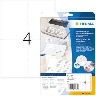 HERMA 4434 Lot de 80 étiquettes autocollantes pour machine à écrire Format A4 (102 x 148 mm, 20 feuilles, papier mat, coins arrondis) Blanc HERMA 4434 Lot de 80 étiquettes autocollantes pour machine à écrire Format A4 (102 x 148 mm, 20 feuilles, papier mat, coins arrondis) Blanc