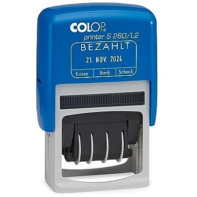COLOP Tampon dateur S 260 avec texte en allemand « BEZAHLT » Bleu/rouge COLOP Tampon dateur S 260 avec texte en allemand « BEZAHLT » Bleu/rouge