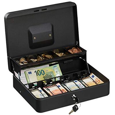 Relaxdays Caisse à Monnaie, verrouillable, Compartiments pour pièces et Billets, Fer, HLP 8,5 x 30,5 x 24,5 cm, Noir Relaxdays Caisse à Monnaie, verrouillable, Compartiments pour pièces et Billets, Fer, HLP 8,5 x 30,5 x 24,5 cm, Noir