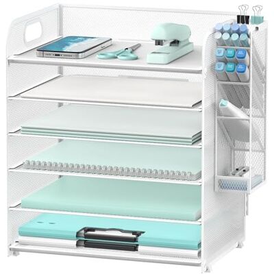 SUPEASY Organisateur de papier à 6 niveaux avec 4 porte-plumes, maille, boîte aux lettres avec poignée, dossiers A4, blanc SUPEASY Organisateur de papier à 6 niveaux avec 4 porte-plumes, maille, boîte aux lettres avec poignée, dossiers A4, blanc