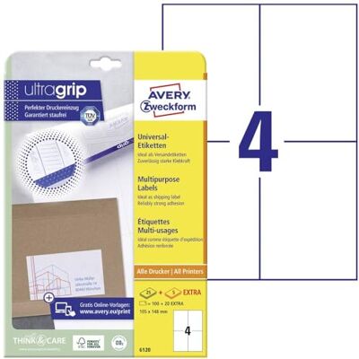 Avery 6120 étiquettes universelles (100 plus 20 étiquettes adhésives supplémentaires, 105 x 148 mm sur A4, papier mat, étiquettes d'expédition imprimables, autocollants d'expédition Avery 6120 étiquettes universelles (100 plus 20 étiquettes adhésives supplémentaires, 105 x 148 mm sur A4, papier mat, étiquettes d'expédition imprimables, autocollants d'expédition