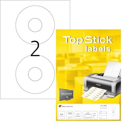 Étiquette CD TopStick 8696 - 200 Étiquettes, Ronde, Blanches Étiquette CD TopStick 8696 - 200 Étiquettes, Ronde, Blanches
