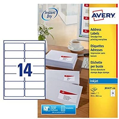Avery Boite de 1400 étiquettes d'adressage autocollantes, Personnalisables et imprimables, Format 99,1 x 38,1 mm, Impression jet d'encre, (J8163-100) Avery Boite de 1400 étiquettes d'adressage autocollantes, Personnalisables et imprimables, Format 99,1 x 38,1 mm, Impression jet d'encre, (J8163-100)