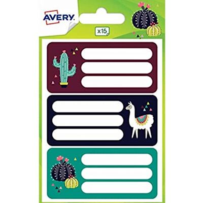 Avery Sachet de 15 étiquettes scolaires fantaisie design lama et cactus. Format 76 x 34 mm Avery Sachet de 15 étiquettes scolaires fantaisie design lama et cactus. Format 76 x 34 mm