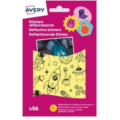 Avery 56 stickers réfléchissants motifs espace pour enfants, autocollants permanents multi-supports pour sacs, casques, vélo, trottinette et rentrée scolaire, motifs fun et colorés Avery 56 stickers réfléchissants motifs espace pour enfants, autocollants permanents multi-supports pour sacs, casques, vélo, trottinette et rentrée scolaire, motifs fun et colorés