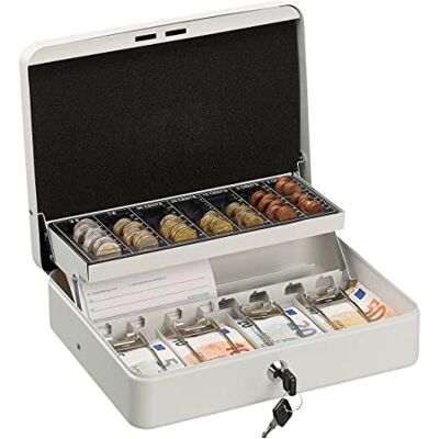 Relaxdays Caisse à monnaie, plateau de comptoir verrouillable, portable, monnaie et billets, H x l x P : 8,5 x 30,5 x 24,5 cm, fer, blanc Relaxdays Caisse à monnaie, plateau de comptoir verrouillable, portable, monnaie et billets, H x l x P : 8,5 x 30,5 x 24,5 cm, fer, blanc