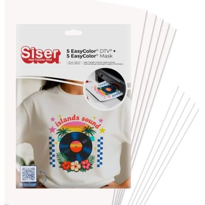 SISER Easy Color DTV Pack 5+5, vinyle thermotransférable thermocollant imprimable avec imprimantes jet d'encre. 5 feuilles format A4 de Easy Color et 5 feuilles format A4 de bande d'application SISER Easy Color DTV Pack 5+5, vinyle thermotransférable thermocollant imprimable avec imprimantes jet d'encre. 5 feuilles format A4 de Easy Color et 5 feuilles format A4 de bande d'application