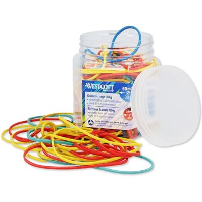 Westcott E-10581 00 Lot de 80 g d'anneaux en caoutchouc colorés de différentes tailles dans un récipient en plastique pratique Lot de rangement d'élastiques ménagers de 60 mm, 50 mm et 38 mm Westcott E-10581 00 Lot de 80 g d'anneaux en caoutchouc colorés de différentes tailles dans un récipient en plastique pratique Lot de rangement d'élastiques ménagers de 60 mm, 50 mm et 38 mm