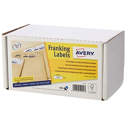 Avery FL01 Lot de 1000 étiquettes à affranchir autocollantes, alimentation manuelle, 2 étiquettes par feuille, blanc Avery FL01 Lot de 1000 étiquettes à affranchir autocollantes, alimentation manuelle, 2 étiquettes par feuille, blanc