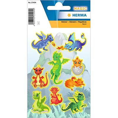 HERMA 15494 Lot de 9 autocollants néon pour enfants, motif dragon, en plastique, mats, autocollants permanents, motif d'étiquettes pour filles et garçons, multicolores HERMA 15494 Lot de 9 autocollants néon pour enfants, motif dragon, en plastique, mats, autocollants permanents, motif d'étiquettes pour filles et garçons, multicolores