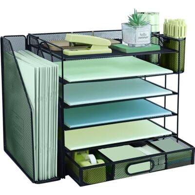 IOUGDSEC Organiseur de bureau à 6 niveaux avec trieur de fichiers vertical supplémentaire, bac à courrier avec support de tiroir pour papeterie, plateaux de classement de bureau A4, porte-magazines et IOUGDSEC Organiseur de bureau à 6 niveaux avec trieur de fichiers vertical supplémentaire, bac à courrier avec support de tiroir pour papeterie, plateaux de classement de bureau A4, porte-magazines et
