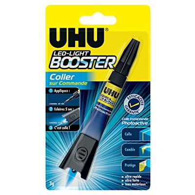 UHU Booster Colle instantanée, activée par lampe UV incluse, colle, répare, comble, protège, transparente, tube 3g UHU Booster Colle instantanée, activée par lampe UV incluse, colle, répare, comble, protège, transparente, tube 3g