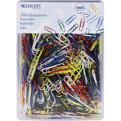 Westcott E-10642 00 Lot de 1000 trombones multicolores 26 mm Boîte en plastique pratique pour bureau et maison Westcott E-10642 00 Lot de 1000 trombones multicolores 26 mm Boîte en plastique pratique pour bureau et maison
