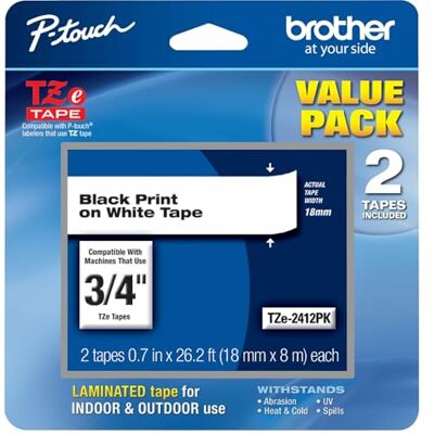 Brother Authentique, TZe2412PK, lot de 2 rubans adhésifs, police noire sur étiquette blanche, TZe241, noir sur blanc Brother Authentique, TZe2412PK, lot de 2 rubans adhésifs, police noire sur étiquette blanche, TZe241, noir sur blanc