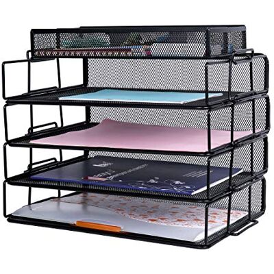 Exerz Lot de 5 organiseurs de bureau en maille métallique – Trieur de papier empilable à 4 niveaux avec organiseur d'accessoires, 3 compartiments/multifonctionnel/porte-documents pour bureau, école, étude, économiseur d'espace – Noir Exerz Lot de 5 organiseurs de bureau en maille métallique – Trieur de papier empilable à 4 niveaux avec organiseur d'accessoires, 3 compartiments/multifonctionnel/porte-documents pour bureau, école, étude, économiseur d'espace – Noir