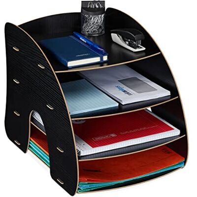 Relaxdays Porte-documents, 4 compartiments, porte-courrier, organiseur de bureau pour papier A4, H x L x P : 27 x 25,5 x 34,5 cm, noir Relaxdays Porte-documents, 4 compartiments, porte-courrier, organiseur de bureau pour papier A4, H x L x P : 27 x 25,5 x 34,5 cm, noir