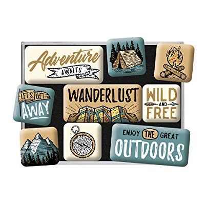 ART Lot de 9 aimants rétro pour réfrigérateur Aventure en plein air Idée cadeau pour les fans de camping Kit magnétique pour tableau magnétique Design vintage ART Lot de 9 aimants rétro pour réfrigérateur Aventure en plein air Idée cadeau pour les fans de camping Kit magnétique pour tableau magnétique Design vintage