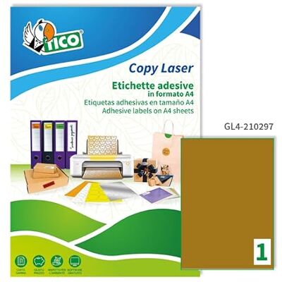 TICO Italia GL4-210297 Étiquettes autocollantes en papier doré Format étiquette 210 x 297 mm, 1 étiquette par feuille, autocollant permanent, lot de 100ff TICO Italia GL4-210297 Étiquettes autocollantes en papier doré Format étiquette 210 x 297 mm, 1 étiquette par feuille, autocollant permanent, lot de 100ff