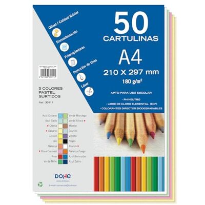 DOHE Lot de 50 cartons A4 couleurs pastel pour travaux manuels et impression 21 x 29,7 cm 180 g/m² Fournitures de bureau DOHE Lot de 50 cartons A4 couleurs pastel pour travaux manuels et impression 21 x 29,7 cm 180 g/m² Fournitures de bureau