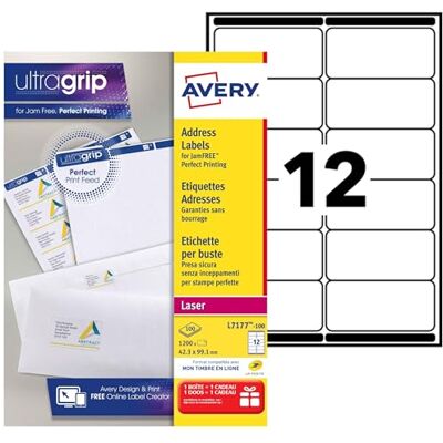 Avery Étiquettes Autocollantes Blanches Personnalisables Étiquettes Personnalisées 1200 Pièces 99,1 x 42,3 mm L7177-100 Avery Étiquettes Autocollantes Blanches Personnalisables Étiquettes Personnalisées 1200 Pièces 99,1 x 42,3 mm L7177-100