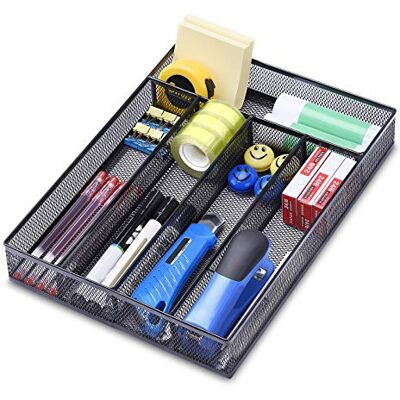 WuGeShop Organiseur de tiroir de bureau, 5 compartiments en maille pour le rangement de fournitures artistiques, papeterie, noir WuGeShop Organiseur de tiroir de bureau, 5 compartiments en maille pour le rangement de fournitures artistiques, papeterie, noir