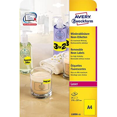Avery Zweckform L6006-25 Lot de 25 feuilles d'étiquettes jaune fluo fluo (25 autocollants, 210 x 297 mm sur A4, autocollantes, imprimables, amovibles, étiquettes adhésives colorées pour un marquage Avery Zweckform L6006-25 Lot de 25 feuilles d'étiquettes jaune fluo fluo (25 autocollants, 210 x 297 mm sur A4, autocollantes, imprimables, amovibles, étiquettes adhésives colorées pour un marquage