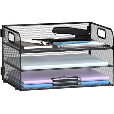 SUPEASY Organisateur de papier à 3 niveaux avec poignée, organiseur de bureau en maille, corbeille à lettres, bac à papier, organiseur, organisateur de fichiers pour dossiers de fichiers A4, noir SUPEASY Organisateur de papier à 3 niveaux avec poignée, organiseur de bureau en maille, corbeille à lettres, bac à papier, organiseur, organisateur de fichiers pour dossiers de fichiers A4, noir