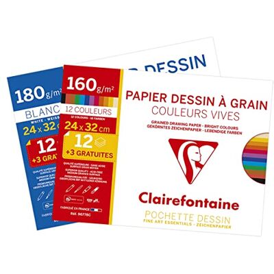 Clairefontaine 196778AMZC Lot de 2 Pochette Dessin Scolaire 15 Feuilles (12+3 gratuites) Papier Dessin à Grain Couleurs Vives 160g et Papier dessin blanc 180g- 24x32 cm Clairefontaine 196778AMZC Lot de 2 Pochette Dessin Scolaire 15 Feuilles (12+3 gratuites) Papier Dessin à Grain Couleurs Vives 160g et Papier dessin blanc 180g- 24x32 cm