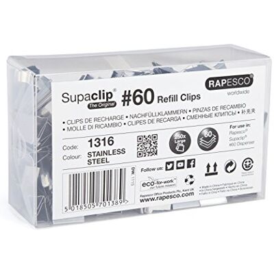 Rapesco 1316 Supaclip 60 Recharge de Pinces, Acier Inoxydable, Lot de 250 Rapesco 1316 Supaclip 60 Recharge de Pinces, Acier Inoxydable, Lot de 250