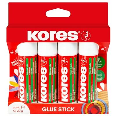 Kores Bâtons de colle, adhésif fort, colle sûre et non toxique pour loisirs créatifs, fournitures scolaires et de bureau, lot de 4 x 20 g Kores Bâtons de colle, adhésif fort, colle sûre et non toxique pour loisirs créatifs, fournitures scolaires et de bureau, lot de 4 x 20 g