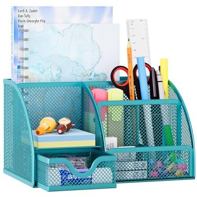 EasyPAG Organiseur de bureau en maille métallique 5 compartiments 1 tiroir pieds en caoutchuk anti-traces bleu EasyPAG Organiseur de bureau en maille métallique 5 compartiments 1 tiroir pieds en caoutchuk anti-traces bleu