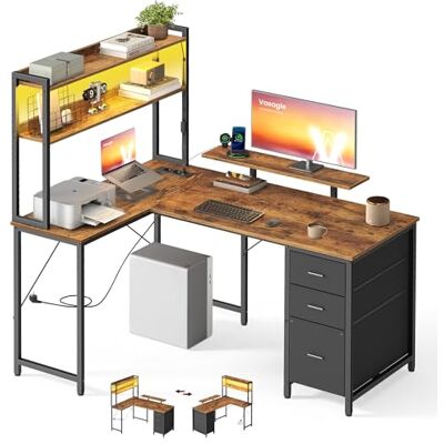 VASAGLE Bureau d'Angle, avec LED, Prises, 3 Tiroirs, Support Écran Bureau Informatique pour Chambre, avec Étagères, 140 x 100 x 150 cm, Taupe et Noir, Collection Barnet LWD162K101 VASAGLE Bureau d'Angle, avec LED, Prises, 3 Tiroirs, Support Écran Bureau Informatique pour Chambre, avec Étagères, 140 x 100 x 150 cm, Taupe et Noir, Collection Barnet LWD162K101