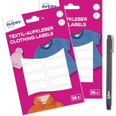Avery ETVET36X2PEN Lot de 72 autocollants nominatifs imperméables pour vêtements (13 x 45 mm, film vinyle, étiquettes textiles autocollantes, étiquettes textiles inscriptibles pour machine à Avery ETVET36X2PEN Lot de 72 autocollants nominatifs imperméables pour vêtements (13 x 45 mm, film vinyle, étiquettes textiles autocollantes, étiquettes textiles inscriptibles pour machine à