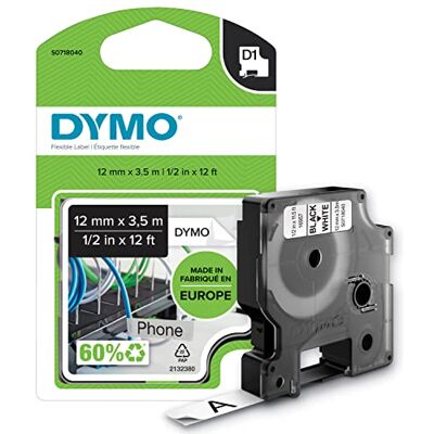 Dymo D1 étiquettes nylon flexible autocollantes authentiques rouleau de 12 mm x 3,5 m impression en noir sur fond blanc pour étiqueteuses LabelManager Dymo D1 étiquettes nylon flexible autocollantes authentiques rouleau de 12 mm x 3,5 m impression en noir sur fond blanc pour étiqueteuses LabelManager