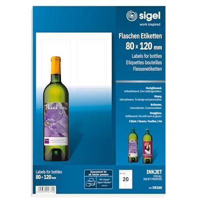 Sigel DE160 Lot de 20 Étiquettes bouteilles personnalisables, autocollants, 8 x 12 cm Sigel DE160 Lot de 20 Étiquettes bouteilles personnalisables, autocollants, 8 x 12 cm
