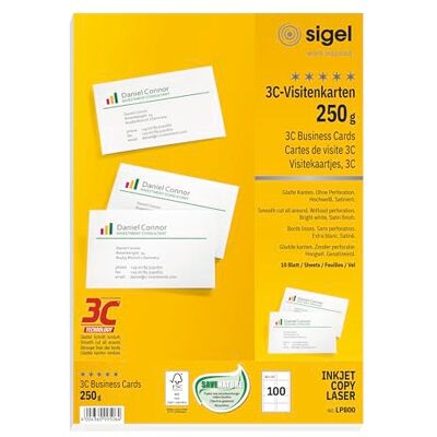 Sigel LP800 Lot de 100 cartes de visite imprimables 3C (10 feuilles), blanc brillant, coupe lisse tout autour, 250 g, 85 x 55 mm Sigel LP800 Lot de 100 cartes de visite imprimables 3C (10 feuilles), blanc brillant, coupe lisse tout autour, 250 g, 85 x 55 mm