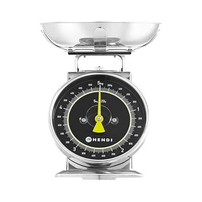 HENDI Balance de cuisine analogique pour max 5 kg, graduation de 20 g, grande échelle, fonction tare, pas besoin de piles, balance ménagère, balance de cuisine rétro, 207x231x(H)254mm, acier HENDI Balance de cuisine analogique pour max 5 kg, graduation de 20 g, grande échelle, fonction tare, pas besoin de piles, balance ménagère, balance de cuisine rétro, 207x231x(H)254mm, acier