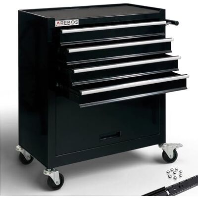 Arebos Chariot d'atelier à roulettes portable 4 tiroirs + 1 compartiment pour outils avec tapis antidérapants tiroirs avec roulements à billes Arebos Chariot d'atelier à roulettes portable 4 tiroirs + 1 compartiment pour outils avec tapis antidérapants tiroirs avec roulements à billes