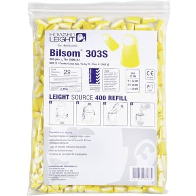 Howard Leight Honeywell Bouchons d'oreilles en mousse jetables by Bilsom 303S, jaunes, en forme de boule, SNR 33, taille S, 1006187 (boîte de 200 paires) Howard Leight Honeywell Bouchons d'oreilles en mousse jetables by Bilsom 303S, jaunes, en forme de boule, SNR 33, taille S, 1006187 (boîte de 200 paires)