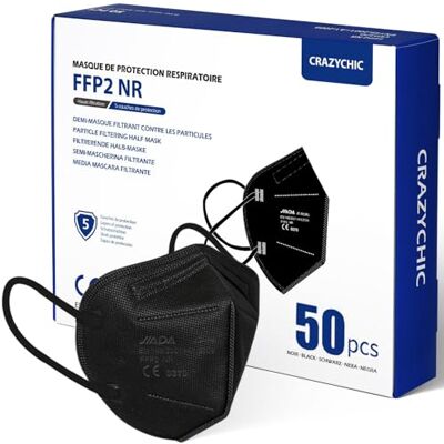 CRAZYCHIC Masque FFP2 NR Noir Certifié Norme CE EN149 Masque de Protection Respiratoire Haute Filtration 5 Couches Filtrantes Hypoallergénique Emballage individuel Boîte CRAZYCHIC Masque FFP2 NR Noir Certifié Norme CE EN149 Masque de Protection Respiratoire Haute Filtration 5 Couches Filtrantes Hypoallergénique Emballage individuel Boîte