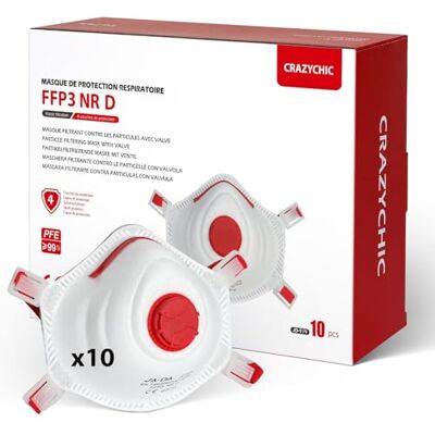CRAZYCHIC 10 Masque FFP3 NR D Masque Coque Anti Poussière avec Valve Norme CE EN149 Protection Respiratoire Pollution Fumée Masque Travaux Peinture Chantier Industrie Chimie CRAZYCHIC 10 Masque FFP3 NR D Masque Coque Anti Poussière avec Valve Norme CE EN149 Protection Respiratoire Pollution Fumée Masque Travaux Peinture Chantier Industrie Chimie