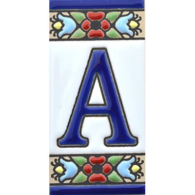 ART Écriteaux numéros et lettres. Carreaux céramique peints à la main avec technique corde sèche (cuerda seca). Noms, directions et signalisation. Dessin FLORES MINI 7,3 cm x 3,5 cm. (LETTRE "A") ART Écriteaux numéros et lettres. Carreaux céramique peints à la main avec technique corde sèche (cuerda seca). Noms, directions et signalisation. Dessin FLORES MINI 7,3 cm x 3,5 cm. (LETTRE "A")