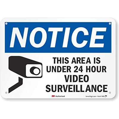 SmartSign 3M Panneau réfléchissant de qualité ingénieur, légende « Notice : Area is Under 24 Hour Video Surveillance » avec graphique, 17,8 cm de haut x 25,4 cm de large, noir/bleu sur blanc SmartSign 3M Panneau réfléchissant de qualité ingénieur, légende « Notice : Area is Under 24 Hour Video Surveillance » avec graphique, 17,8 cm de haut x 25,4 cm de large, noir/bleu sur blanc
