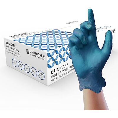 UNIGLOVES Unicare GS0085-A Lot de 100 gants d'examen en vinyle, qualité médicale eN455, poids moyen, bleu, taille XL UNIGLOVES Unicare GS0085-A Lot de 100 gants d'examen en vinyle, qualité médicale eN455, poids moyen, bleu, taille XL