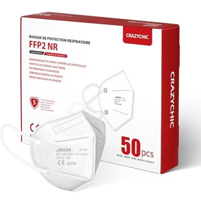 CRAZYCHIC Masque FFP2 NR Blanc Certifié Norme CE EN149 Masque de Protection Respiratoire Haute Filtration 5 Couches Filtrantes Hypoallergénique Emballage individuel Boîte CRAZYCHIC Masque FFP2 NR Blanc Certifié Norme CE EN149 Masque de Protection Respiratoire Haute Filtration 5 Couches Filtrantes Hypoallergénique Emballage individuel Boîte