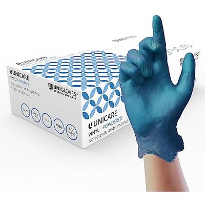 UNIGLOVES Unicare GS009X Gants à usage unique en vinyle Bleu – Polyvalents, légèrement poudrés, sans latex, gants jetables – Boîte de 100 gants UNIGLOVES Unicare GS009X Gants à usage unique en vinyle Bleu – Polyvalents, légèrement poudrés, sans latex, gants jetables – Boîte de 100 gants
