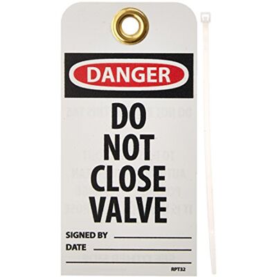 NMC RPT32G Danger DO NOT Close Valve Accident Prevention Tag with Brass Grommet, Unrippable Vinyl, 3" Length, 6" Height, Black/Red on White (Pack of 25) NMC RPT32G Danger DO NOT Close Valve Accident Prevention Tag with Brass Grommet, Unrippable Vinyl, 3" Length, 6" Height, Black/Red on White (Pack of 25)